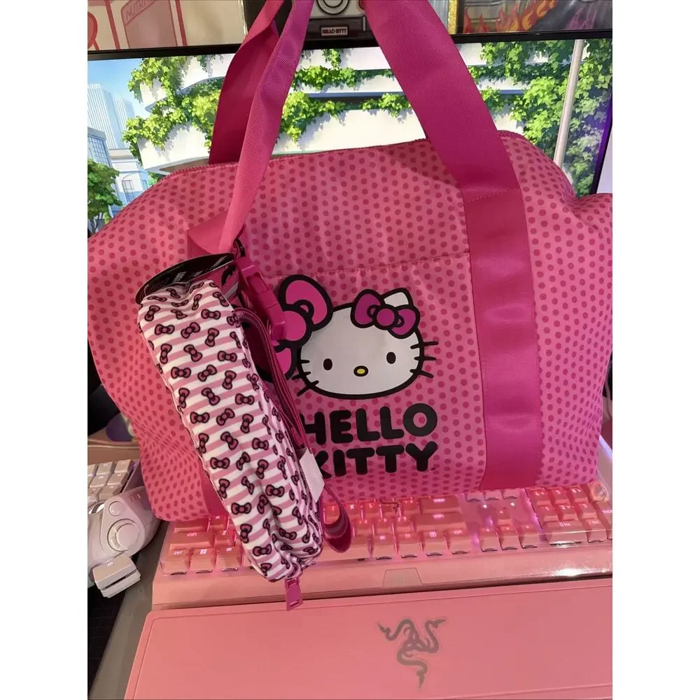 Sanrio Hello Kitty Pink Tote Travel Large Weekender Luggage Hip Bag Tag 3 Piece